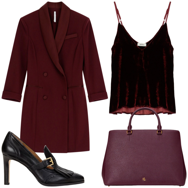 Outfit donna - Bordeaux. Stile Chic per Ufficio. Abbinamento con vestiti corti, canottiere, décolleté, borse a mano.