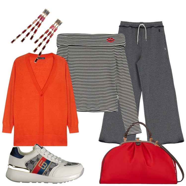 Outfit donna - Casual chic. Stile Casual chic per Ufficio. Abbinamento con orecchini, pantaloni a palazzo, maglieria, sneakers, cardigans, borse a spalla.