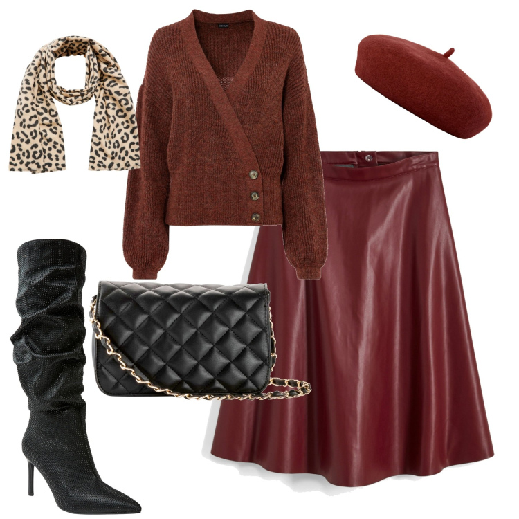 Outfit donna - Bordeaux. Stile Trendy per Tutti i giorni. Abbinamento con borse a tracolla, maglieria, gonne, sciarpe, stivali, cappelli e berretti.