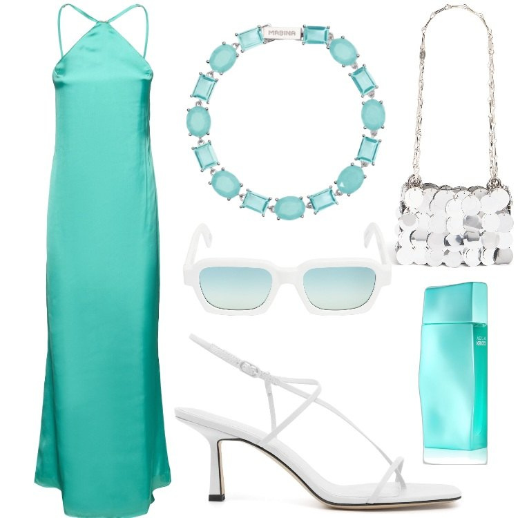 Outfit donna - polo day. Stile Glamour per Cerimonia. Abbinamento con profumi, braccialetti, vestiti, borse a spalla, sandali in pelle, occhiali da sole.