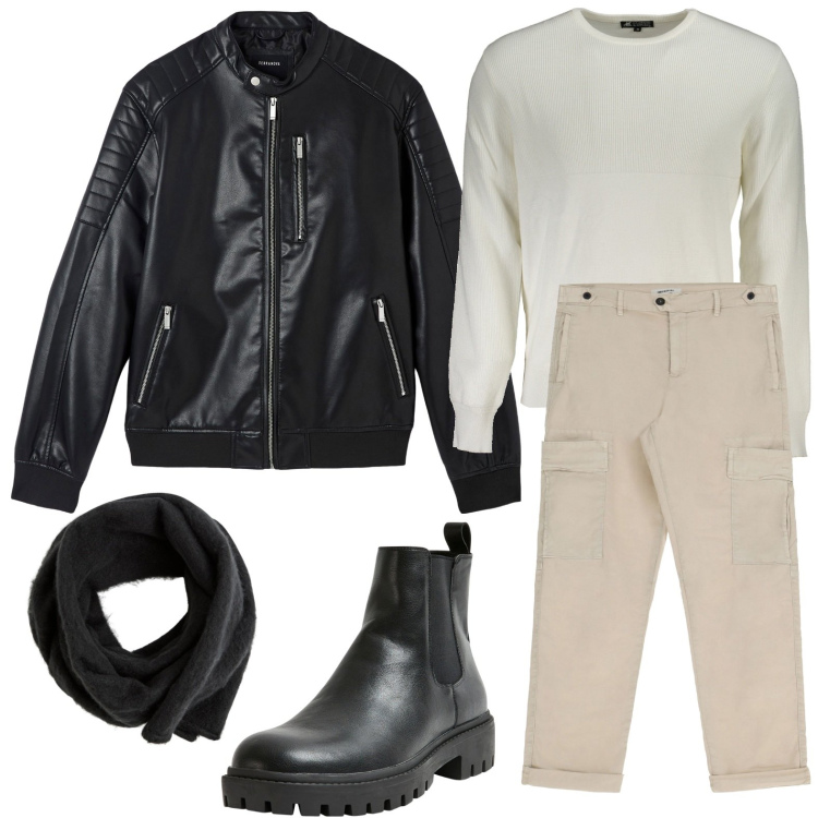 Outfit uomo - Pantaloni cargo e giacca. Stile Trendy per Tutti i giorni. Abbinamento con stivali e stivaletti, sciarpe e foulard, giacche, pantaloni cargo, maglieria.