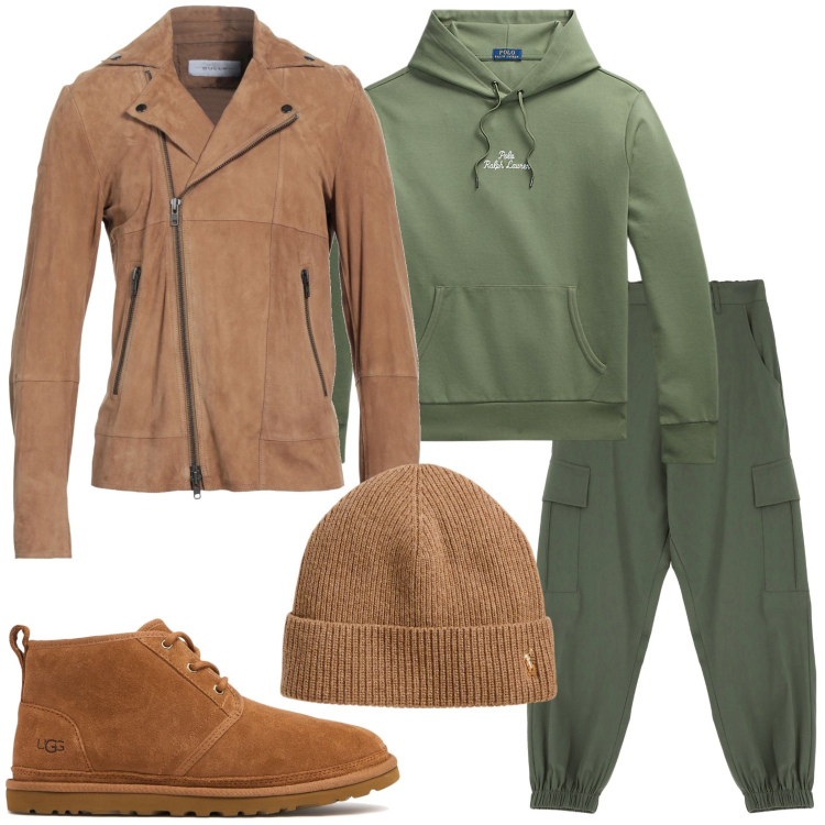 Outfit uomo - Cool brown. Stile Trendy per Tutti i giorni. Abbinamento con giacche, pantaloni cargo, berretti, felpe con cappuccio, scarpe stringate.