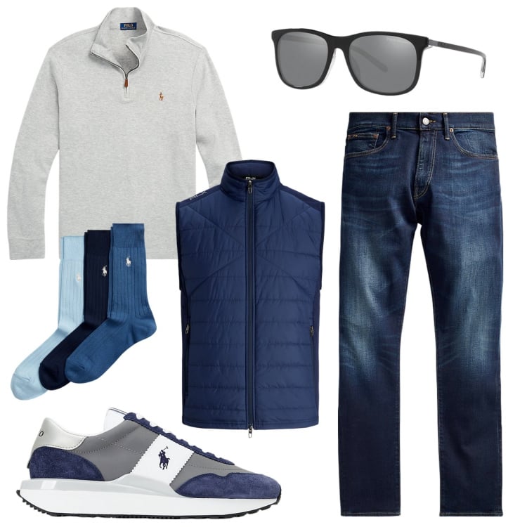 Outfit uomo - Smanicato e jeans. Stile Trendy per Tutti i giorni. Abbinamento con jeans, pullovers, calzini, occhiali da sole, sneakers, piumini.
