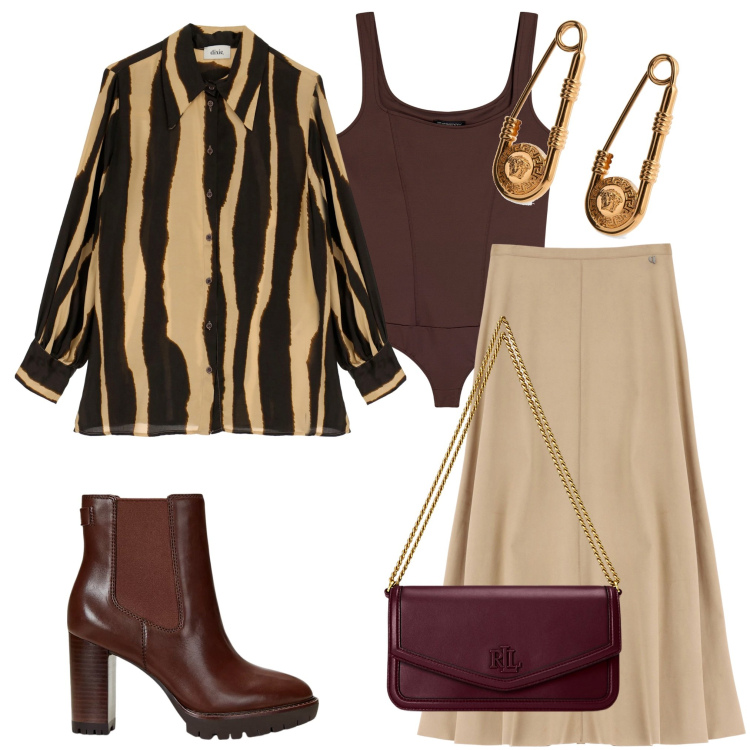 Outfit donna - A cena con le amiche. Stile Casual chic per Serata fuori. Abbinamento con body, gonne longuette, camicie, borse a spalla, stivaletti chelsea, orecchini.