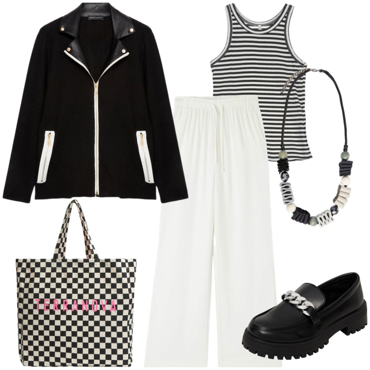 Outfit donna - Total look #1960393. Stile Casual per Tutti i giorni. Abbinamento con pantaloni, mocassini, shopping bag, top, blazer, collane.