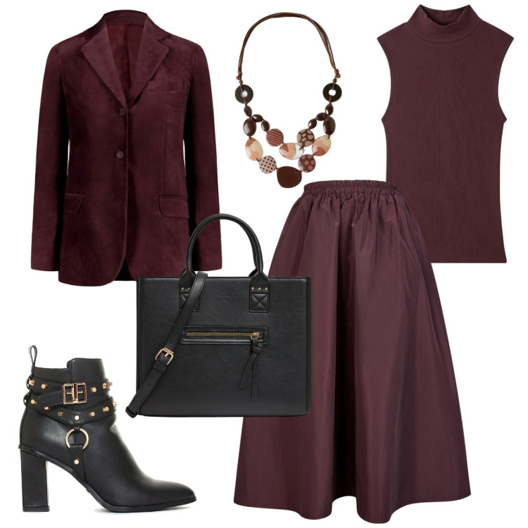 Outfit donna - Autunno colore prugna. Stile Trendy per Ufficio. Abbinamento con shopping bag, top, stivaletti, gonne lunghe, blazer, collane.