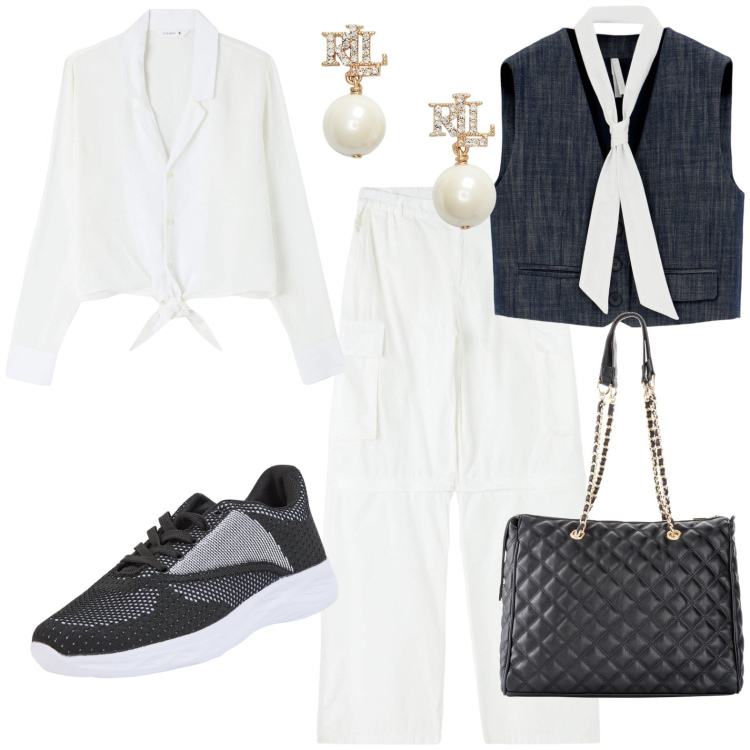 Outfit donna - Total look #1960407. Stile Casual per Tutti i giorni. Abbinamento con shopping bag, camicie, pantaloni cargo, sneakers, gilet, orecchini.