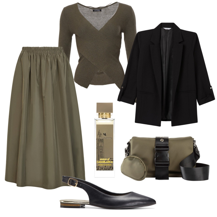 Outfit donna - Mix & Match: taffetà e borsa militare. Stile Casual chic per Ufficio. Abbinamento con ballerine, borse a tracolla, profumi, blazer, maglieria, gonne lunghe.