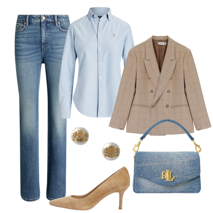 Outfit donna - Domenica con gli amici. Stile Sporty chic per Tutti i giorni. Abbinamento con blazer, camicie, orecchini, borse a tracolla, jeans bootcut, décolleté.