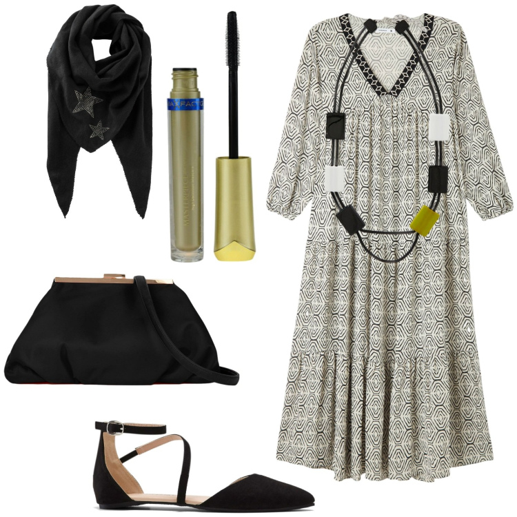Outfit donna - Total look #1960424. Stile Casual per Tutti i giorni. Abbinamento con foulard, ballerine, mascara, vestiti lunghi, collane, pochette.