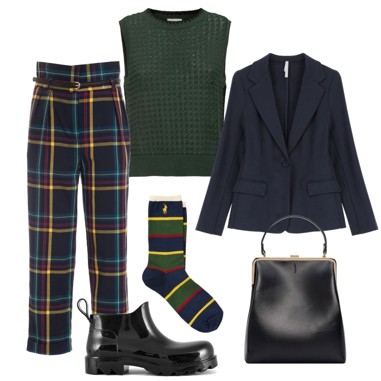 Outfit donna - Preppy English style in ufficio. Stile Preppy per Ufficio. Abbinamento con blazer, pantaloni, calzini, stivali, borse a spalla, maglieria.
