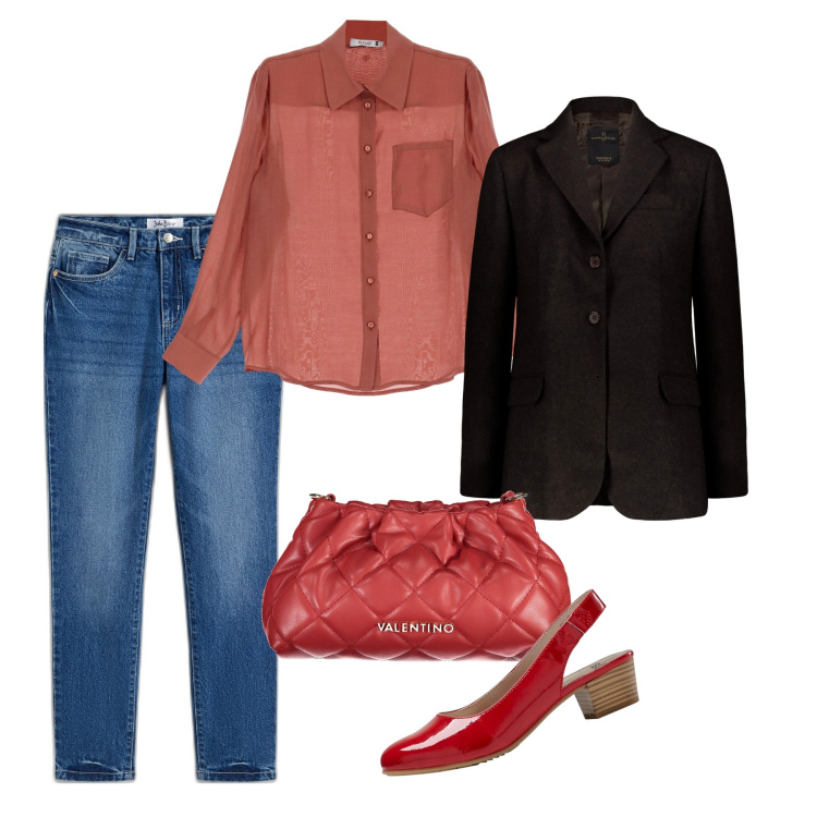 Outfit donna - Rossi d\'autunno. Stile Bon Ton per Tutti i giorni. Abbinamento con décolleté, jeans slim fit, camicie, blazer, borse a mano.