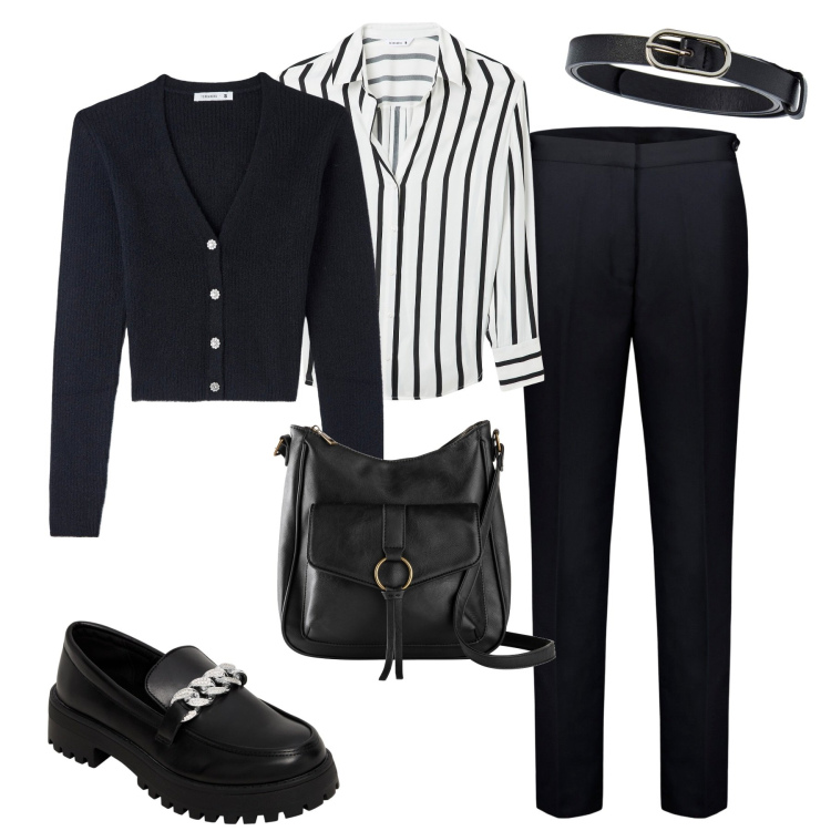Outfit donna - Al lavoro. Stile Bon Ton per Tutti i giorni. Abbinamento con borse a tracolla, cardigans, mocassini, cinture, camicie, pantaloni.
