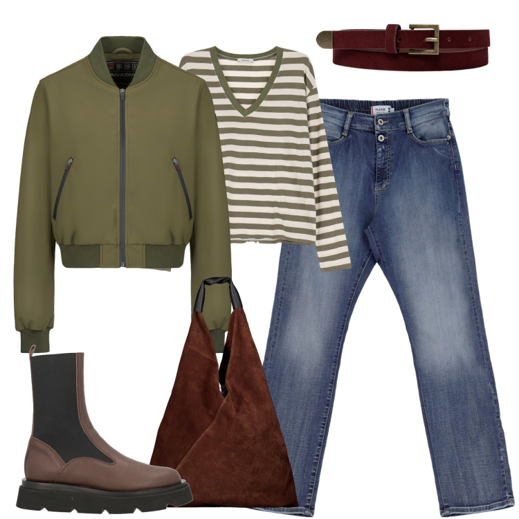 Outfit donna - City. Stile Casual chic per Tutti i giorni. Abbinamento con stivaletti chelsea, jeans dritti, maglieria, bomber, borse a spalla, cinture.
