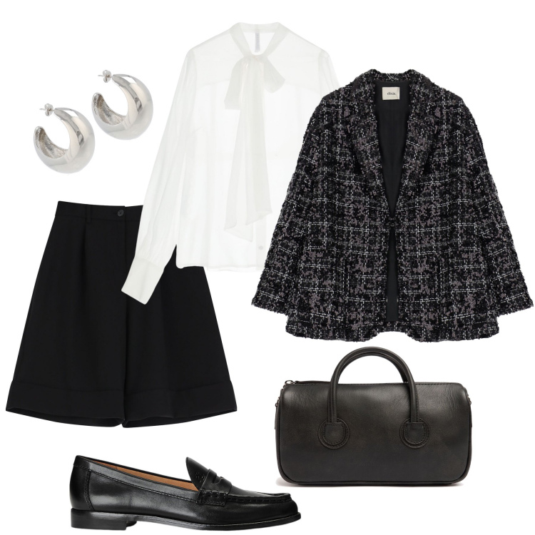 Outfit donna - Bermuda e tweed in ufficio. Stile Glamour per Ufficio. Abbinamento con bermuda, camicie, blazer, mocassini, orecchini, borse a mano.