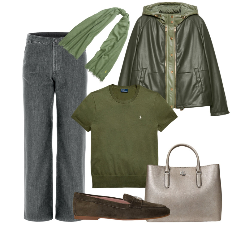 Outfit donna - Il verde è di tendenza. Stile Urban per Tutti i giorni. Abbinamento con jeans, sciarpe, maglieria, mocassini, borse a mano, blazer.