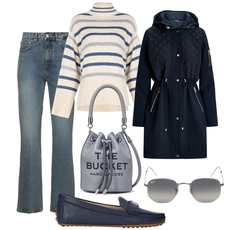 Outfit donna - Con il secchiello in città. Stile Sporty chic per Tutti i giorni. Abbinamento con maglieria, mocassini, giacche, jeans, borse a secchiello, occhiali da sole.