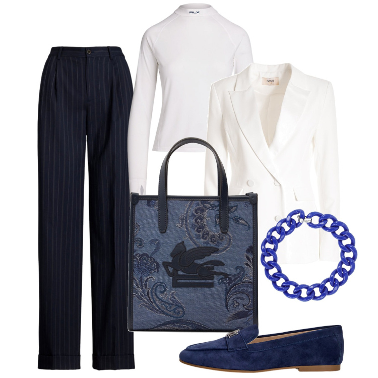 Outfit donna - Blu e bianco formale. Stile Bon Ton per Ufficio. Abbinamento con blazer, mocassini, t-shirt, pantaloni, borse tote, collane.