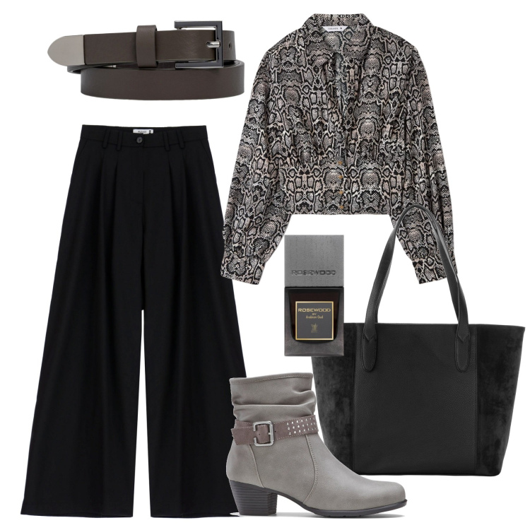 Outfit donna - Bon ton animalier. Stile Bon Ton per Tutti i giorni. Abbinamento con stivaletti, shopping bag, profumi, bluse, pantaloni a palazzo, cinture.
