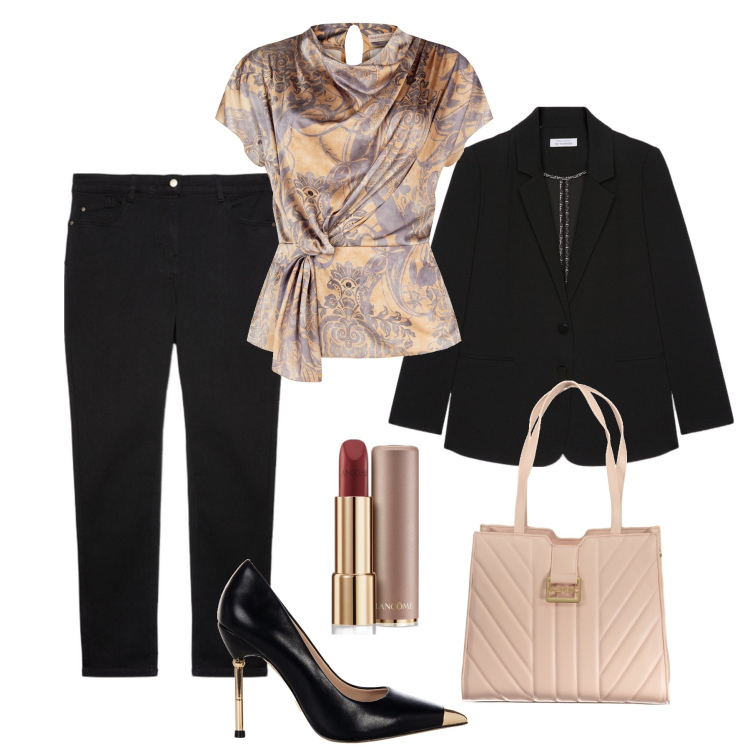 Outfit donna - Jeans e blazer per la sera. Stile Casual chic per Serata fuori. Abbinamento con rossetti, bluse, décolleté, blazer, jeans skinny, borse a spalla.
