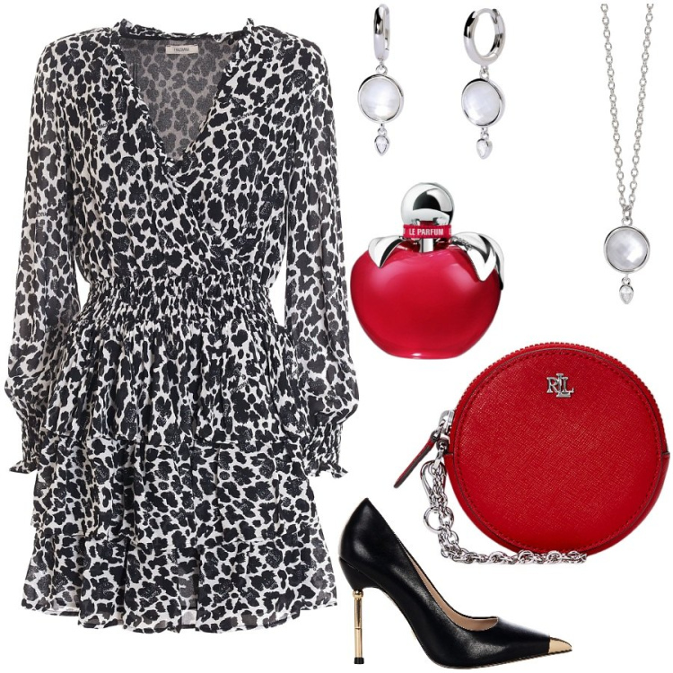 Outfit donna - Un tocco di rosso. Stile Glamour per Serata fuori. Abbinamento con profumi, orecchini, collane, décolleté, vestiti, pochette.