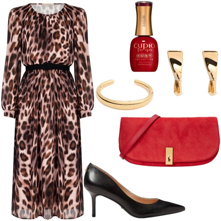 Outfit donna - Animalier. Stile Glamour per Serata fuori. Abbinamento con smalti, vestiti midi/longuette, décolleté, clutch, orecchini, braccialetti.