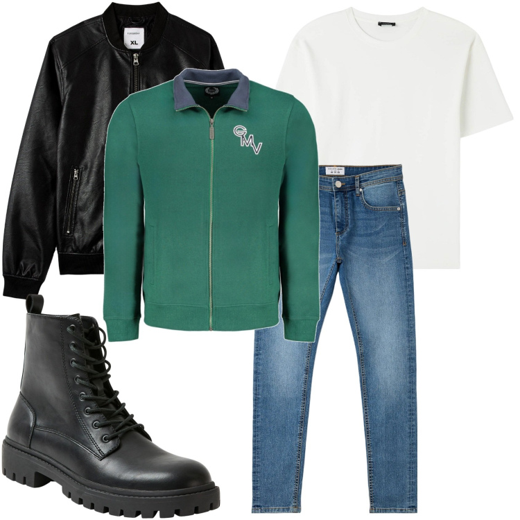 Outfit uomo - Sportivo rock. Stile Biker Rock per Tutti i giorni. Abbinamento con t-shirt, bomber, jeans skinny, anfibi, felpe.