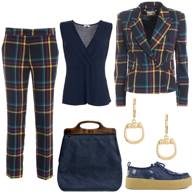 Outfit donna - In ufficio, preppy style. Stile Preppy per Ufficio. Abbinamento con blazer, pantaloni, top, orecchini, mocassini, borse a tracolla.