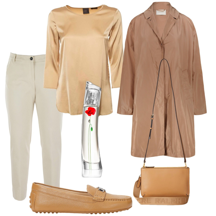 Outfit donna - Total look #1960601. Stile Basic per Tutti i giorni. Abbinamento con profumi, borse a tracolla, mocassini, trench, pantaloni, bluse.