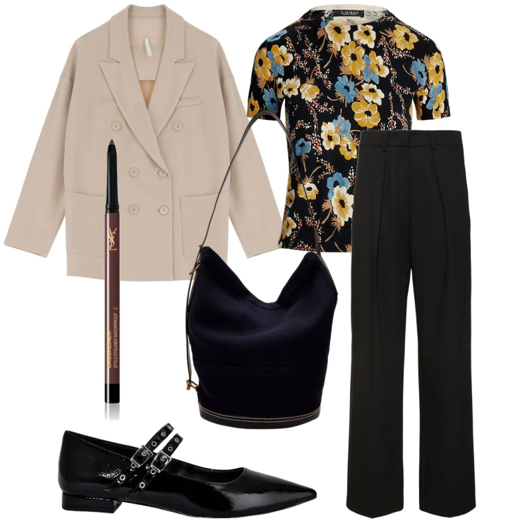 Outfit donna - Total look #1960603. Stile Chic per Tutti i giorni. Abbinamento con eyeliner, ballerine, blazer, maglieria, borse a mano, pantaloni.