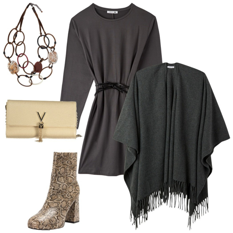 Outfit donna - Accessorio pitone. Stile Casual chic per Serata fuori. Abbinamento con cappe, vestiti midi/longuette, stivaletti, borse a mano, collane.