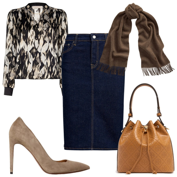 Outfit donna - Settembre con la borsa a secchiello. Stile Trendy per Tutti i giorni. Abbinamento con bluse, gonne, sciarpe, décolleté, borse a secchiello.