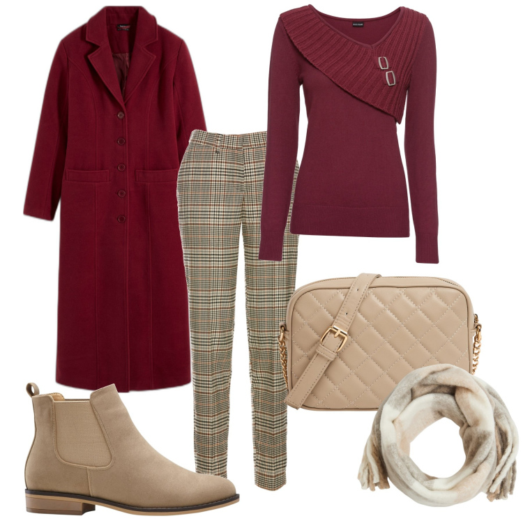 Outfit donna - Al lavoro in bordeaux. Stile Casual chic per Ufficio. Abbinamento con maglieria, pantaloni, cappotti, stivaletti chelsea, borse a tracolla, sciarpe.