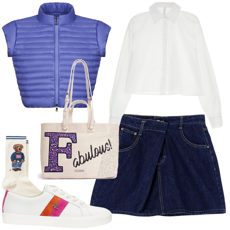 Outfit donna - City. Stile Preppy per Tutti i giorni. Abbinamento con borse a tracolla, minigonne, camicie, sneakers, calzini, blazer.