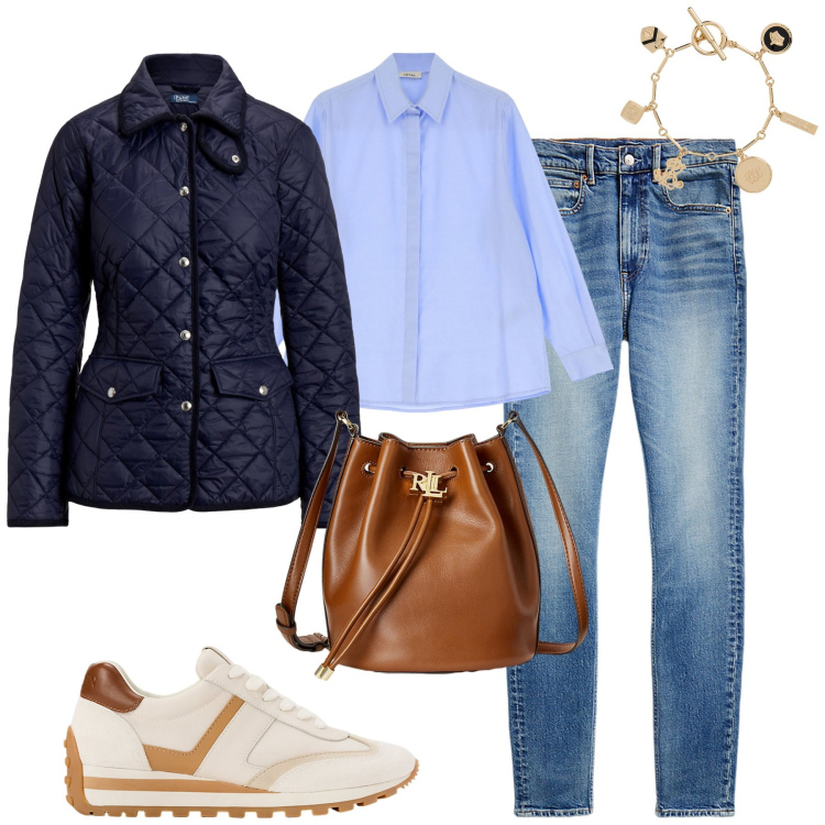Outfit donna - Early aitumn. Stile Casual chic per Tutti i giorni. Abbinamento con camicie, sneakers, giacche, jeans slim fit, borse a secchiello, braccialetti con ciondoli.