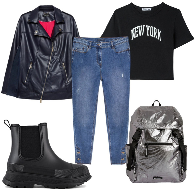 Outfit donna - Blazer + jeans: rock!. Stile Rock per Tutti i giorni. Abbinamento con t-shirt, zaini, stivali, giacche, jeans strappati.
