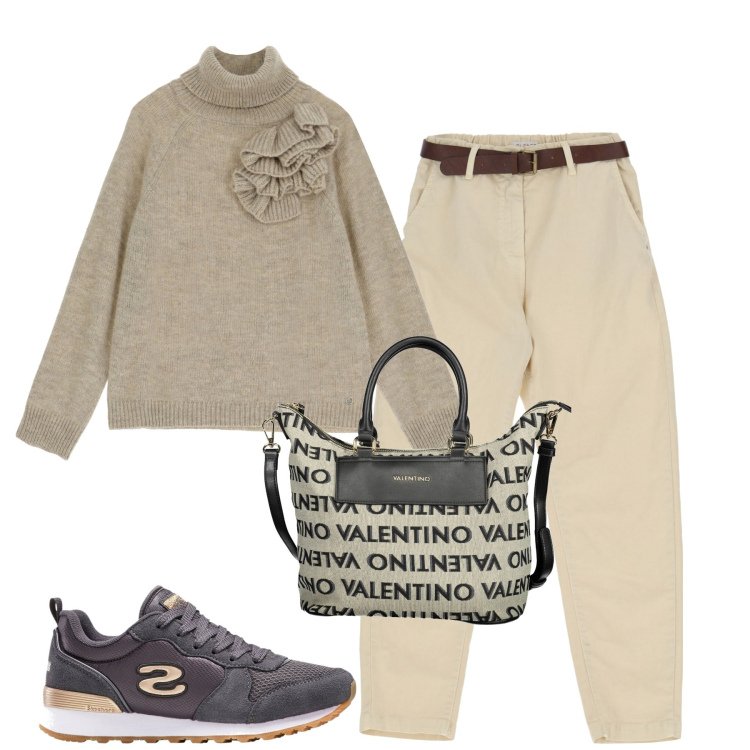 Outfit donna - Una mattina indaffarata. Stile Casual chic per Tutti i giorni. Abbinamento con sneakers, pantaloni, maglieria, borse a spalla.