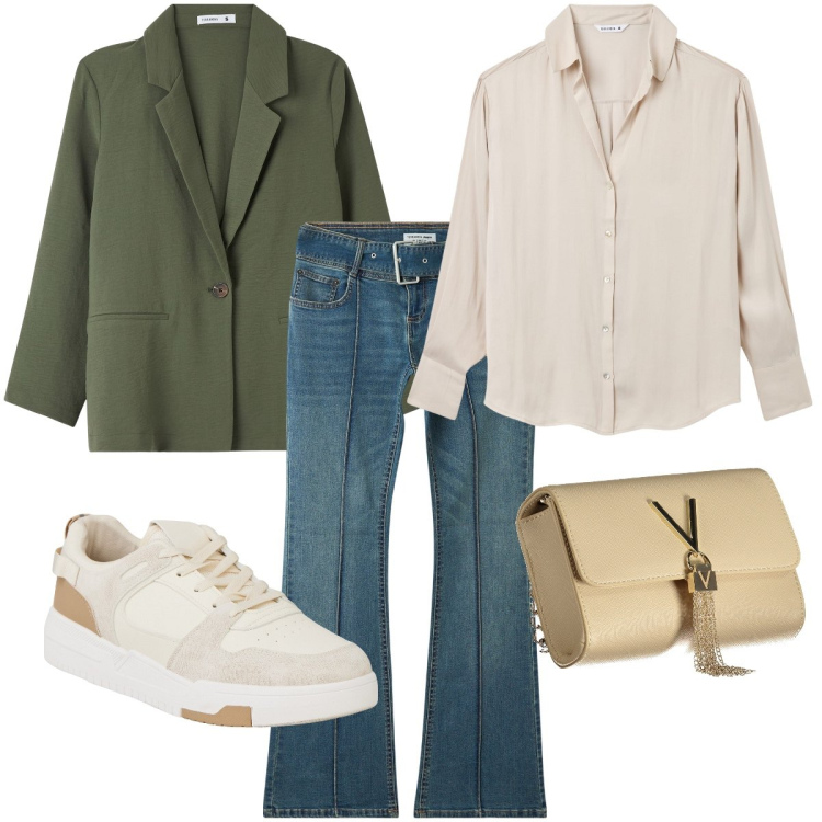 Outfit donna - Blazer più jeans. Stile Casual chic per Ufficio. Abbinamento con jeans a zampa, blazer, sneakers, camicie, borse a tracolla.