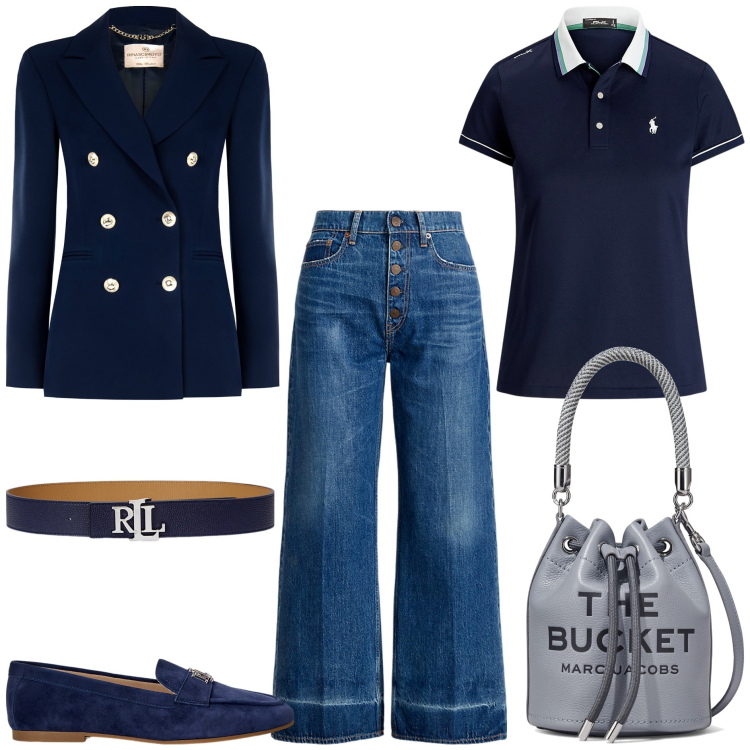 Outfit donna - Borsa a secchiello sporty chic. Stile Sporty chic per Tutti i giorni. Abbinamento con blazer, cinture, jeans, mocassini, polo, borse a secchiello.