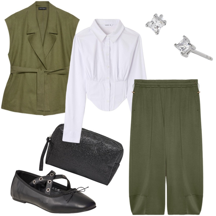 Outfit donna - Il completo verde militare. Stile Casual chic per Ufficio. Abbinamento con orecchini, valigie, ballerine, camicie, pantaloni, blazer.