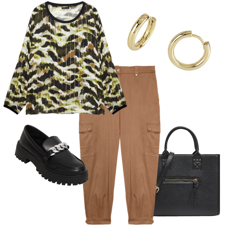 Outfit donna - Il mio stile casual chic. Stile Casual chic per Tutti i giorni. Abbinamento con mocassini, shopping bag, orecchini, pantaloni cargo, bluse.