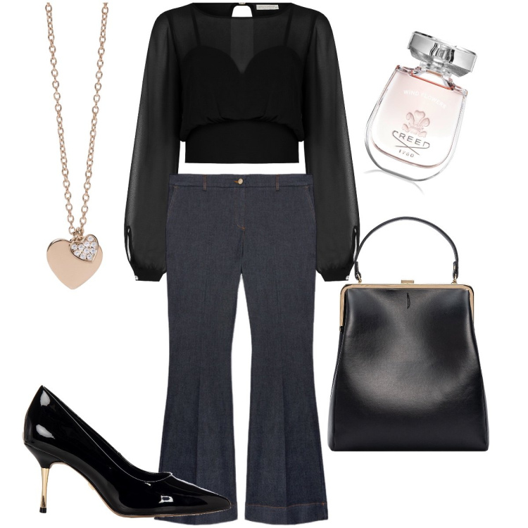 Outfit donna - Più chic o più casual?. Stile Casual chic per Serata fuori. Abbinamento con profumi, ciondoli, bluse, décolleté, borse a spalla, jeans a zampa.