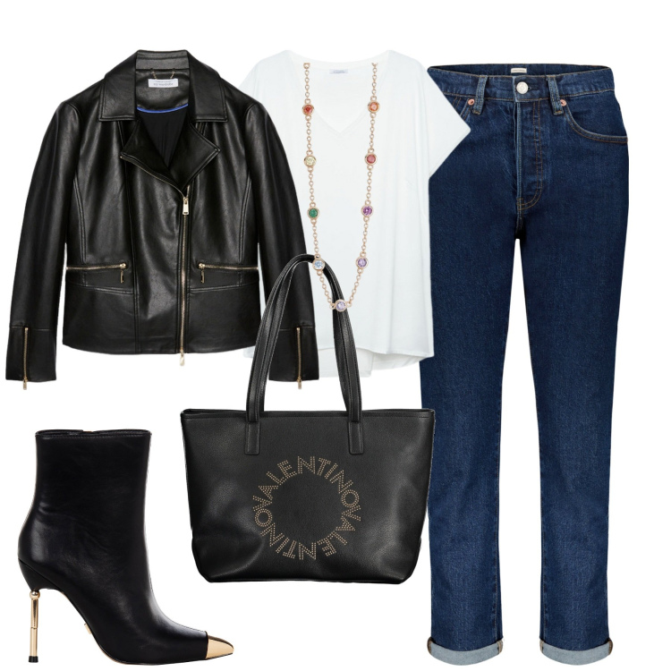 Outfit donna - City. Stile Casual chic per Tutti i giorni. Abbinamento con collane, stivaletti, t-shirt, borse a spalla, blazer, jeans.