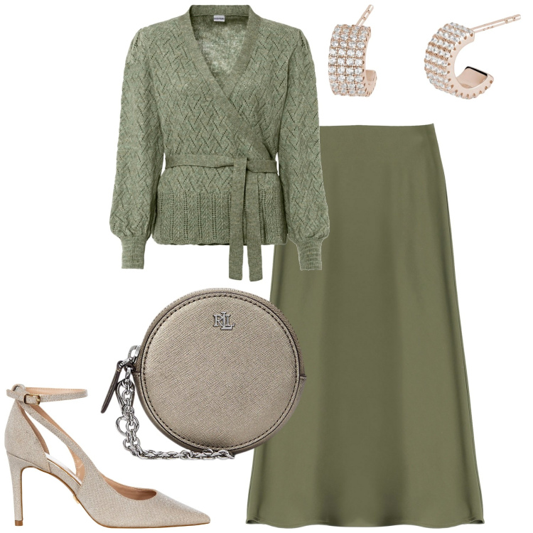 Outfit donna - Verde. Stile Trendy per Tutti i giorni. Abbinamento con maglieria, orecchini, décolleté, gonne longuette, pochette.