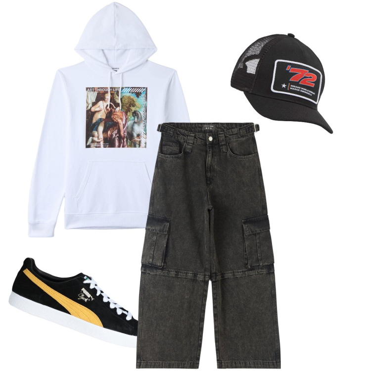 Outfit uomo - Ispirazione urban street style. Stile Urban per Tutti i giorni. Abbinamento con sneakers, cappelli, jeans, felpe con cappuccio.