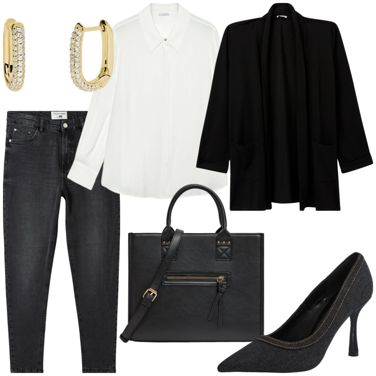 Outfit donna - Blazer nero e jeans. Stile Casual chic per Ufficio. Abbinamento con blazer, shopping bag, jeans skinny, décolleté, orecchini, camicie.