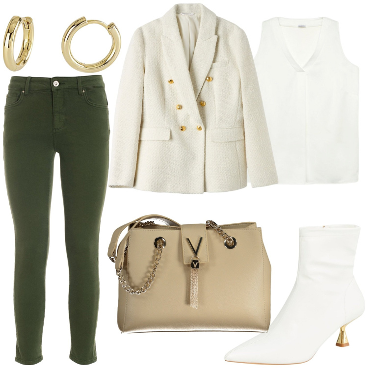 Outfit donna - Blazer e jeans. Stile Casual chic per Ufficio. Abbinamento con blazer, stivaletti, orecchini, jeans skinny, top, borse a spalla.