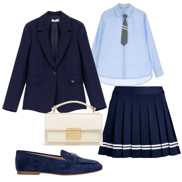 Outfit donna - High school. Stile Urban per Scuola/Università. Abbinamento con blazer, camicie, mocassini, gonne, borse a mano.