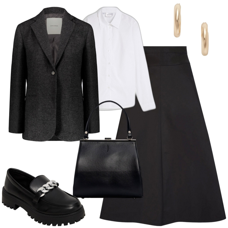 Outfit donna - City. Stile Urban per Tutti i giorni. Abbinamento con camicie, mocassini, orecchini, gonne, blazer, clutch.