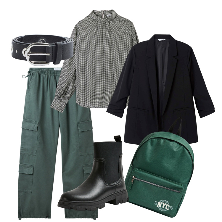 Outfit donna - Terranova new collection. Stile Urban per Tutti i giorni. Abbinamento con pantaloni cargo, zaini, blazer, bluse, stivaletti chelsea, cinture.